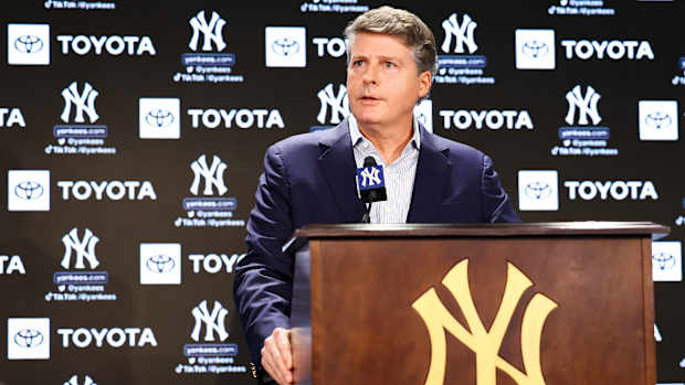 Dec 21, 2022; Bronx, New York, USA; Hal Steinbrenner during a press conference at Yankee Stadium. Mandatory Credit: Jessica Alcheh-USA TODAY Sports